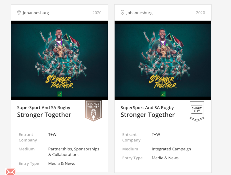 T+W (@tandw_team) on Twitter photo The <a href="/Springboks/">Springboks</a>, @NTTProCycling + <a href="/SuperSportTV/">SuperSport 🏆</a>, all proudly African, all shining on the world stage again. Pretty special to crack some global @ClioAwards - not bad for a small, dedicated and passionate team from the Southern tip of Africa who Chase Greatness for a living. The <a href="/Springboks/">Springboks</a>, @NTTProCycling + <a href="/SuperSportTV/">SuperSport 🏆</a>, all proudly African, all shining on the world stage again. Pretty special to crack some global @ClioAwards - not bad for a small, dedicated and passionate team from the Southern tip of Africa who Chase Greatness for a living.