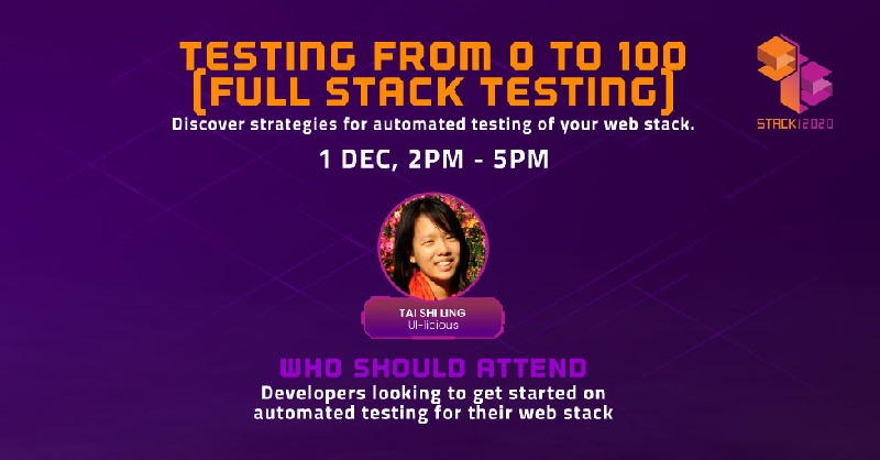 GovTechSG's tweet photo. Looking to automate testing for your web stack? Learn strategies for planning your testing, and get hands-on practice using different testing techniques at this workshop with @taishiling from @ui_licious! Last few slots left, register now! 
#STACK2020 #GovTechSTACK
