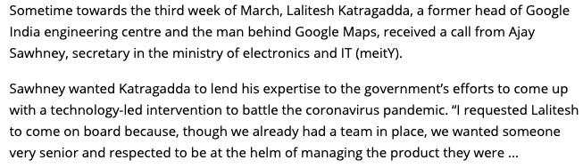 7. Lalitesh Katragadda is credited as Principal Architect of Aarogya Setu. See this quote. Ajay Sawhney, Secretary MEITY says they called him in, and they already had a team in place for Aarogya Setu. What team? How does MEITY not know when he did? (9/n)  https://www.business-standard.com/article/technology/meet-architects-of-aarogya-setu-the-app-meant-to-stem-covid-19-spread-120051500077_1.html