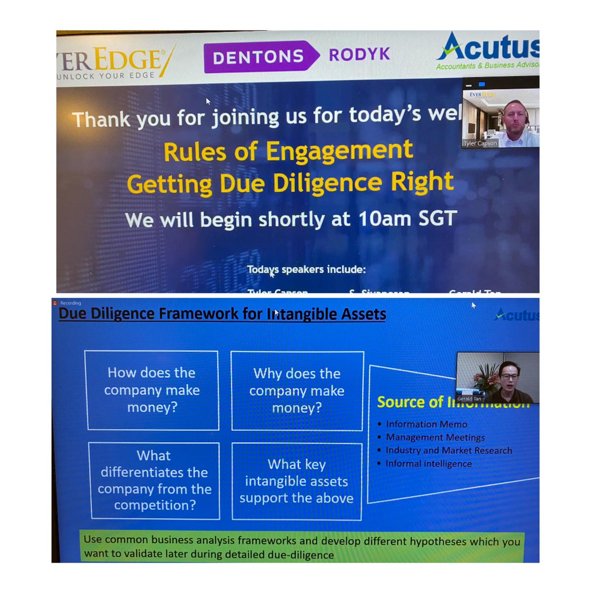 Acutusllp's tweet image. Great webinar this morning.  Acutus, Ever Edge and Denton Rodyk shares interesting highlights on "Getting Due Diligence Right on Intangible assets.   #DueDiligence  #IntangibleAsset