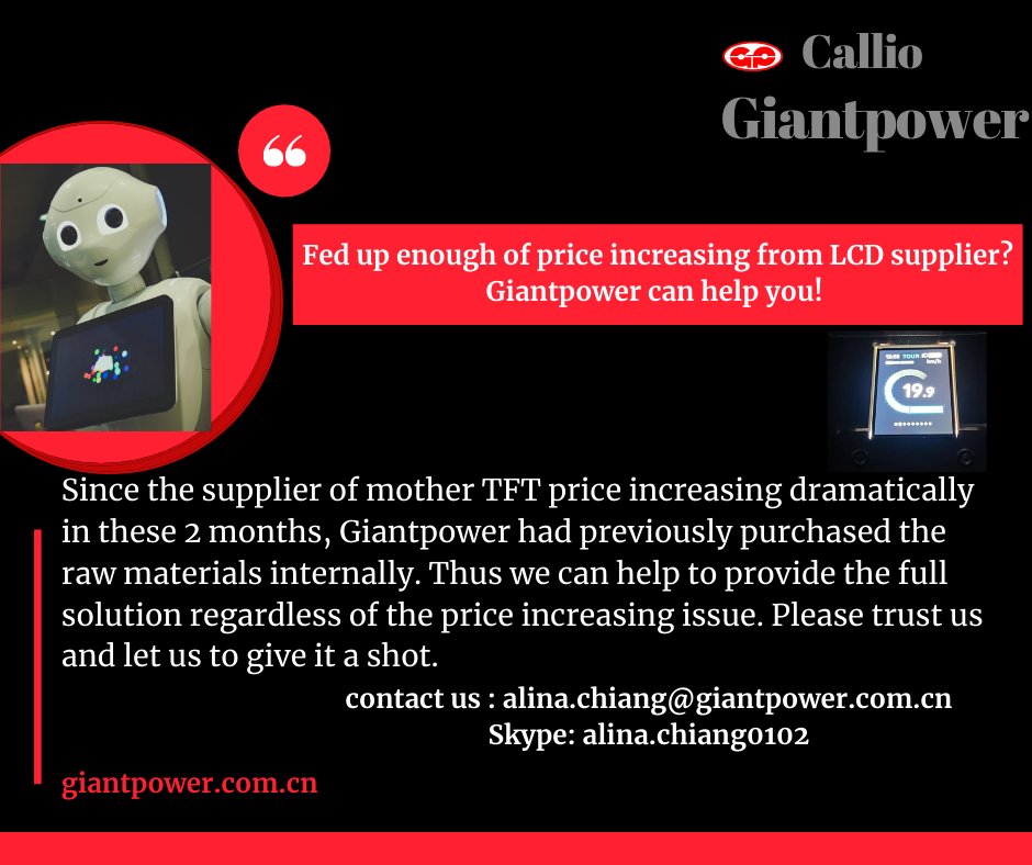 CallioGiant's tweet photo. Fed up enough of price increasing from your LCD supplier? We can help you with this issue! 

We provide the total solution of 0.96"-10.1" TFT display customization.  Trust us , let us help you! 

#HMI #LCD #display #price #customization #touchscreen #smarthome https://t.co/ez2bujtG28