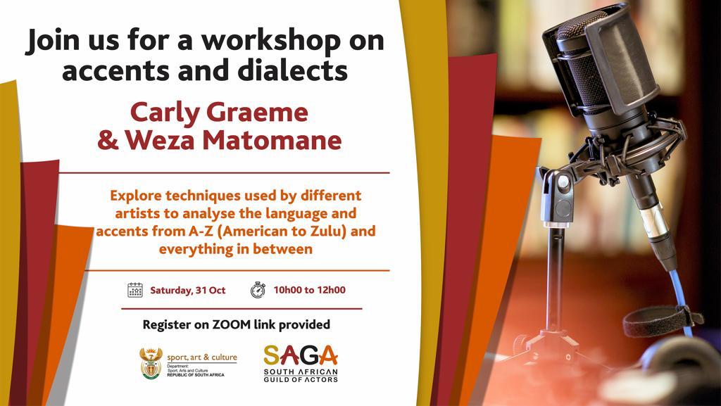 SAGActors's tweet photo. Join experts Weza Matomane and Carly Graeme for an exciting session on diverse dialects, languages and accents. Learning some of the skills to work towards mastering accents from American to Zulu. 31 October @ 10h00 - 12h00, Click on link to register: https://t.co/3vZjWUnB4U https://t.co/HBZtn04sRd