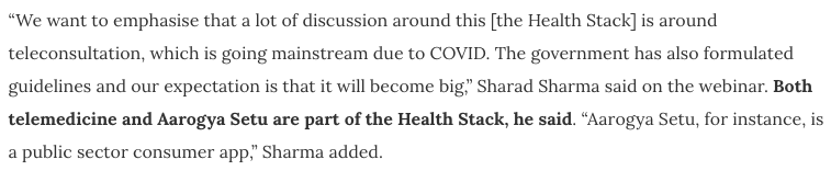 9. Health Stack is being rolled out by (Nilekani linked) iSpirt. Lalitesh Katragadda = iSpirt fellow. May 23rd: On a health stack webinar, iSpirt's Sharma called him a "core volunteer" & said that Aarogya Setu is part of Health Stack".(11/n) https://www.medianama.com/2020/06/223-ispirt-health-stack-consent-manager-demo/