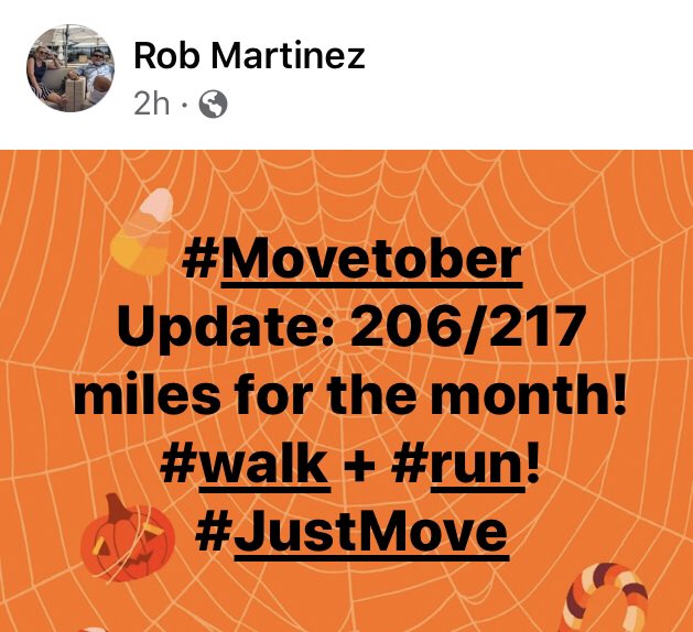 DrRob_Martinez's tweet photo. #Movetober 4 weeks into this month &amp; I am on pace to slay my personal challenge! 217 miles of #walk or #run I’m at 206 miles with 4 days to go! Feeling fantastic and proud of this months success! #resilience #LeadWithResilience #dontsitgetfit with @MichelobULTRA #puregoldceo https://t.co/yWTJOiMzVX