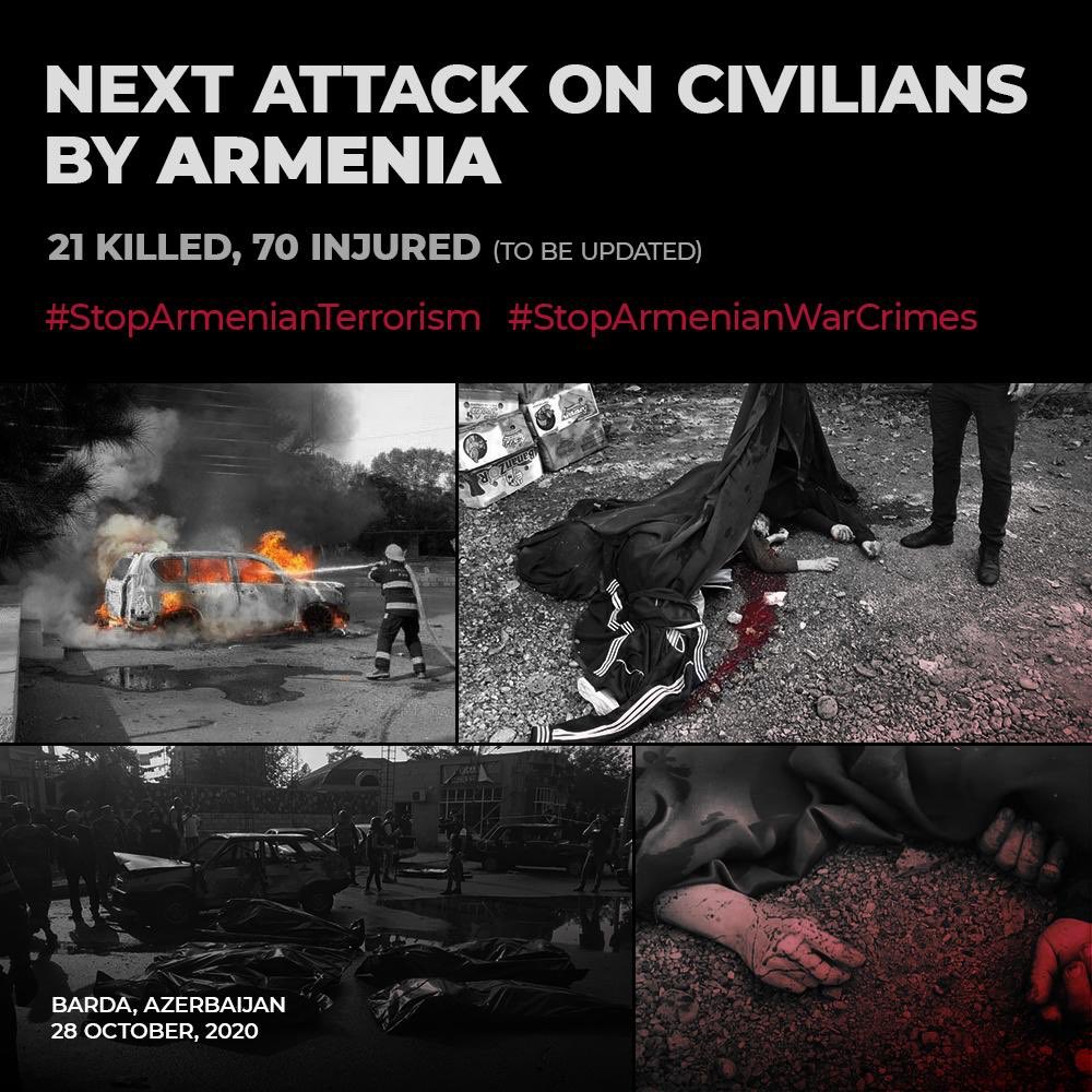 IamRhaj's tweet photo. 28.10.2020. The armed forces of Armenia have made another attack inhuman against civilians of the Azerbaijani city of Barda. 21 persons are killed while 70 people have got serious injuries.
#PrayForBarda 
#StopArmenianAggression 
#ArmeniaKillsCivilians 
#ArmenianTerrorism https://t.co/FRIAxHc801