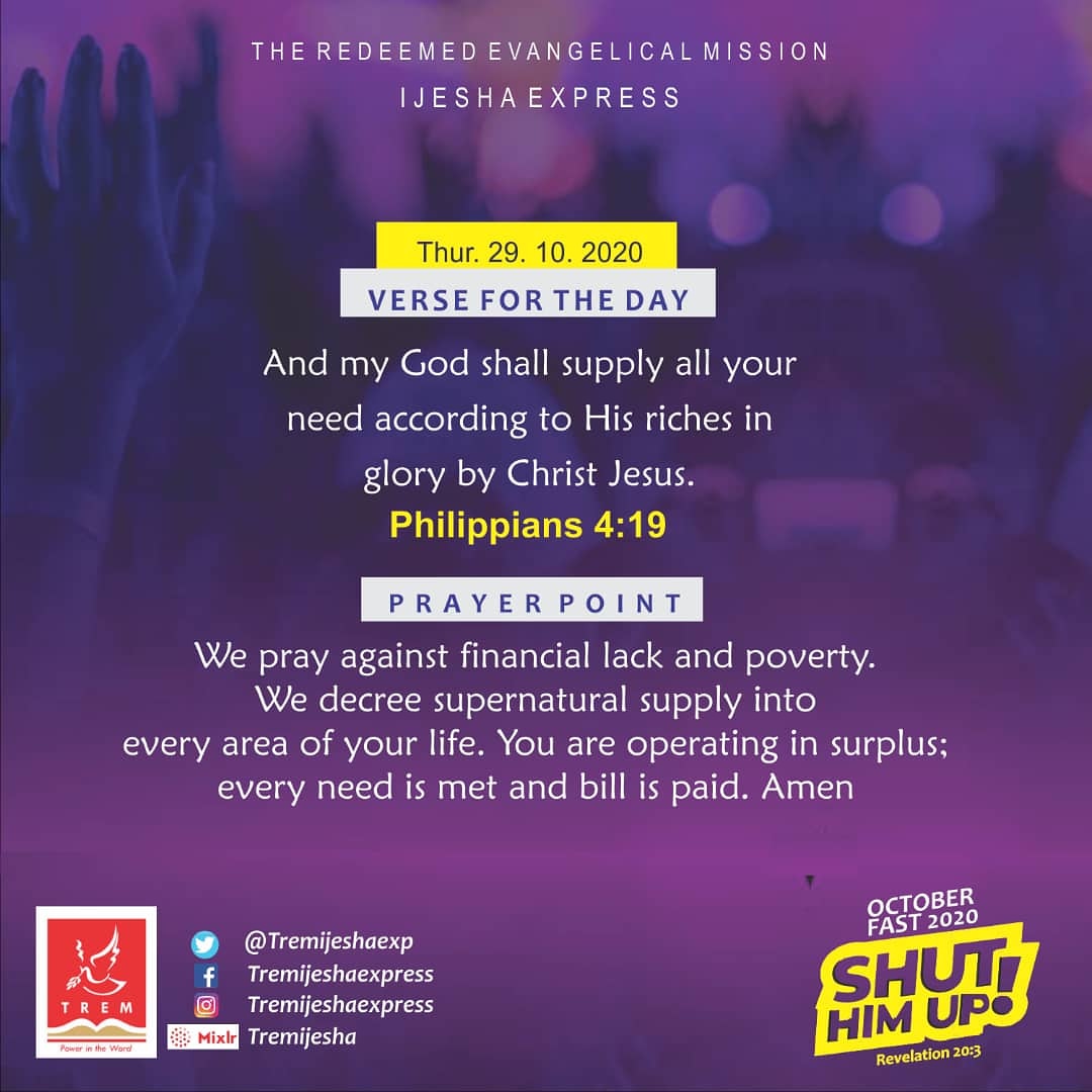tremijeshaexp's tweet photo. We pray against poverty and financial lack. We declare God's supernatural supply in every area of your life. You are operating in surplus from this time on and you are a channel of God's blessings to others... Amen
#tremworld #TREMijesha #Octoberfast https://t.co/47ti3TnRcq
