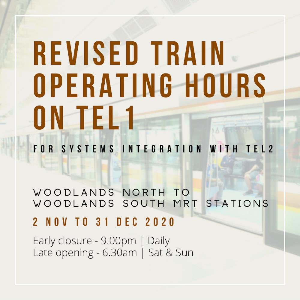 LTAsg's tweet photo. 🚧Early closures and late openings on the Thomson-East Coast Line 1 (#TEL1) will be extended till 31 Dec 2020. The additional engineering hours will be used to continue testing of the integrated trains and systems testing for #TEL2. Remember to take note and plan your journeys! https://t.co/NW7yenUXDM