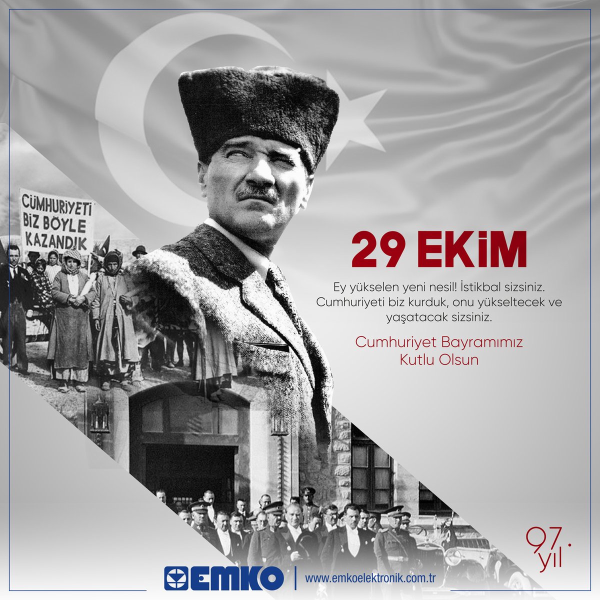 EmkoElektronik's tweet photo. 29 Ekim Cumhuriyet Bayramımız Kutlu Olsun.
Ey yükselen yeni nesil! İstikbal sizsiniz.
Cumhuriyeti biz kurduk, onu yükseltecek ve
yaşatacak sizsiniz.
#emkoelektronik #emko #cumhuriyet #29Ekim #cumhuriyetbayramı
#cumhuriyet #Bayramı #29ekim1923 #97yaşında #yaşasıncumhuriyet https://t.co/pTiYvsRfMK