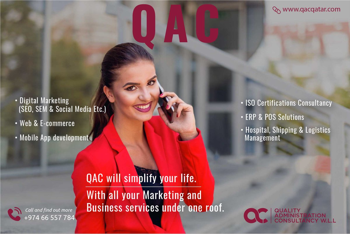 qac_qatar's tweet photo. PROFESSIONAL SOLUTIONS FOR YOUR BUSINESS
#isocertification #webdesign #erpsolutions #seo #qatarlifestyle #qatarinstagram #qatarairways #qatarbloggers #iso #qataria #alkhor #doha #qatarairways #moi #digitalmarketing #sem https://t.co/tVdqCRZQRM