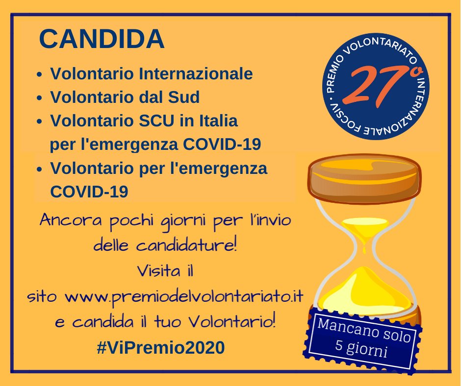 UnimondoOrg's tweet photo. ll 31 ottobre si avvicina!
Non perdere l’occasione di candidare i tuoi volontari alla nuova edizione del Premio del Volontariato di @FOCSIV !
Vai sul sito e partecipa: https://t.co/SjUX27YfHv #ViPremio2020 #evcapital2020 #PadovaCapitale #CSVPadova #InternationalVolunteersDay https://t.co/bH6ydplXa3