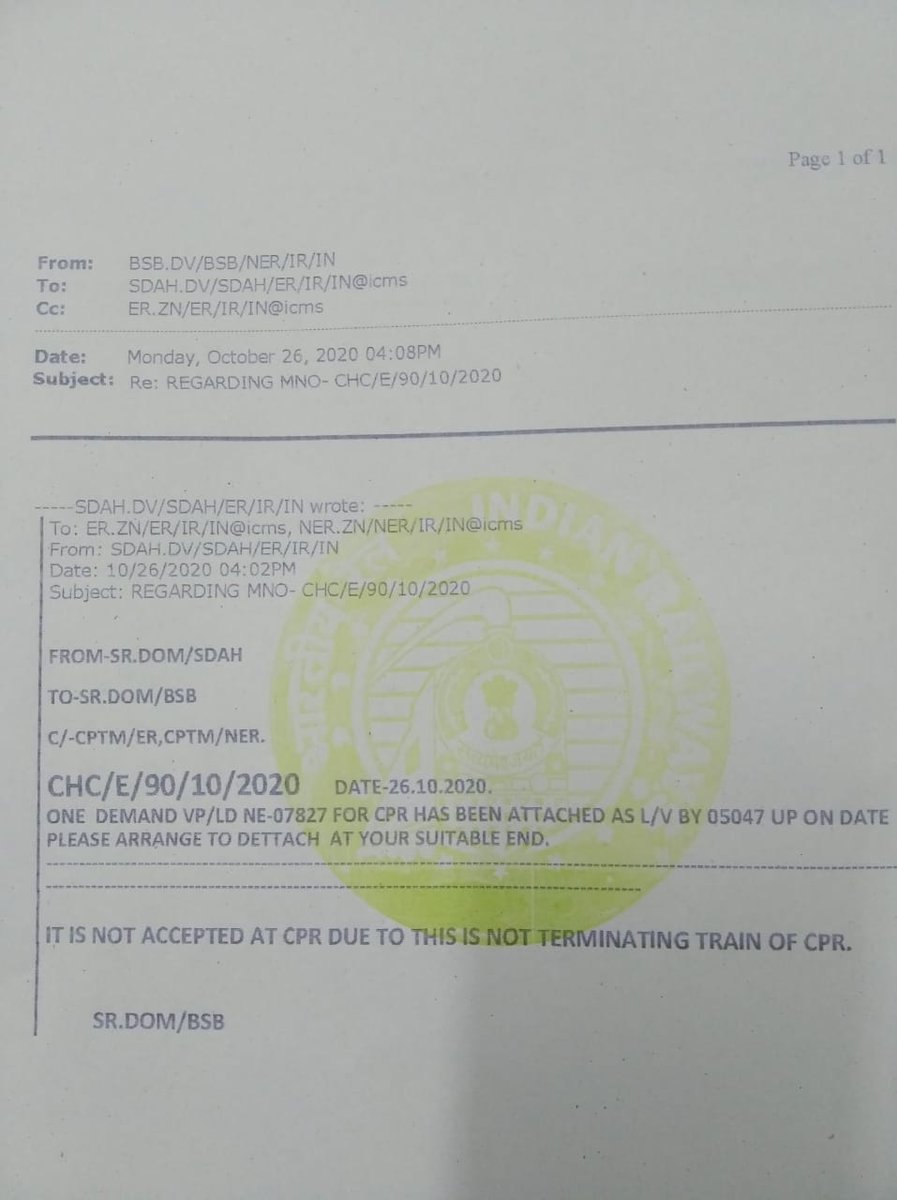 DineshDiwedi2's tweet photo. @CCMNER R/S AKYADAY MNO 8777529877 DEMAND VPU APPLIED EX KOAA TO CPR IN TRAIN NO 05047/05049 FREIGHT 80,000/-PER VPU LOAD 10VPU PER MONTH. TRAIN HAS STOPPAGE OF 10 MTS AT CPR.STN OPENED FORBOOKKING OF PARCEL NO RESTRICTION LOAD OF TRAIN 22 COACHES.PERMISSION TODETACH NOT GRANTED. https://t.co/xMkg27o97j