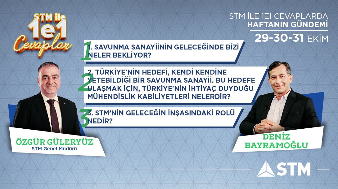 STMDefence's tweet photo. Savunma Sanayiinin geleceğine dair Genel Müdürümüz Özgür Güleryüz ile gerçekleştirmiş olduğumuz #1e1 sohbetimiz bugün sizlerle olacak. 📌 Kaçırmayın! #STMSavunma #1e1Cevaplar @Guleryuz__Ozgur @bayramoglu_d https://t.co/v7fHByxbHJ
