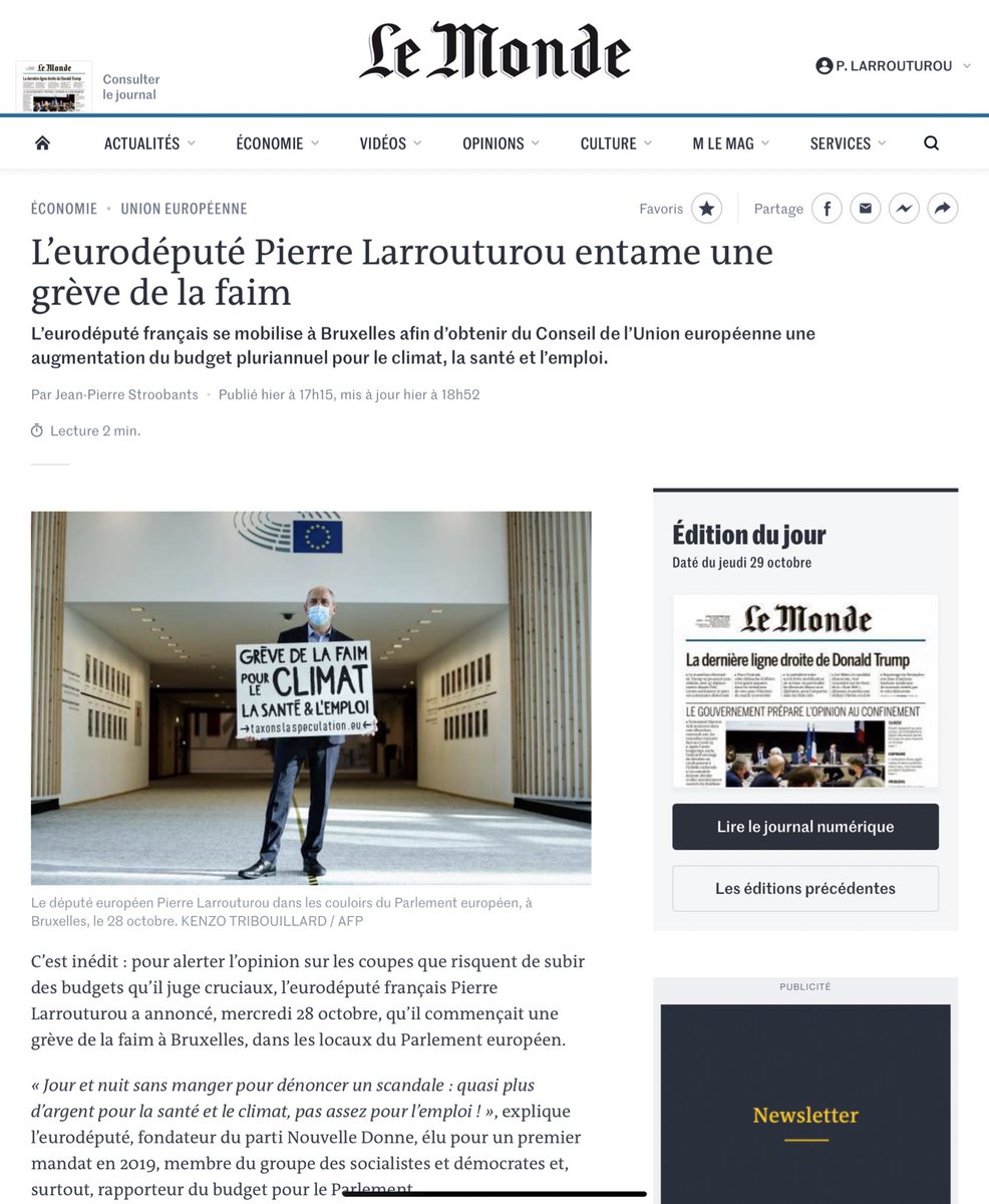 larrouturou's tweet photo. > l’annonce d’un #confinement2, que je ferai donc dans le Parlement européen presque vide, en grève de la faim. Le temps qu’il faudra pour être entendu. Je n’ai pas envie de mourir, mais éviter les millions de morts qui s’annoncent sans un budget #climat santé emploi à la hauteur https://t.co/73z2xHc5B9