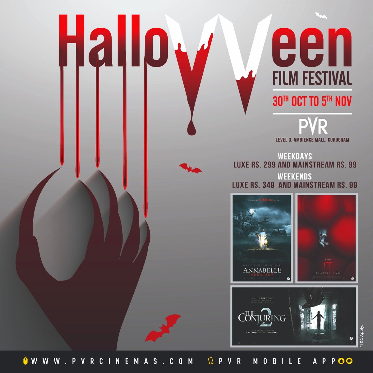 This Halloween feel fear crawl all over you at #PVR!🧛‍♂️
Enjoy these thrilling handpicked horror films filled with twists that will make you gasp! Book your tickets now at PVR CINEMAS, Ambience Mall, Gurgaon. #PVRCinemas #Halloween #AmbienceMall <a href="/_PVRCinemas/">P V R C i n e m a s</a>