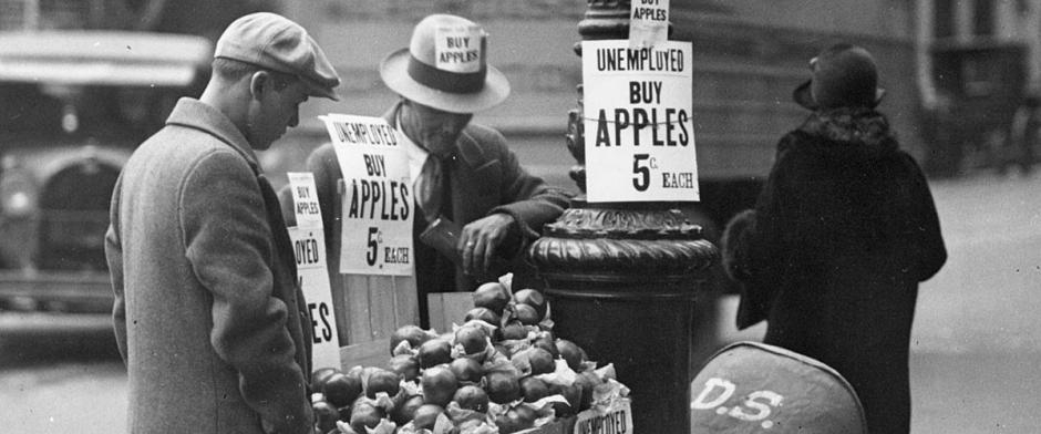 New York streets crowded with the unemployed selling apples is symbolic of the “Dirty Thirties.” A scheme used to move surplus apples, it helped the men earn some money. Apple selling also was because many refused to take on jobs considered 'feminine'. (11/13)
