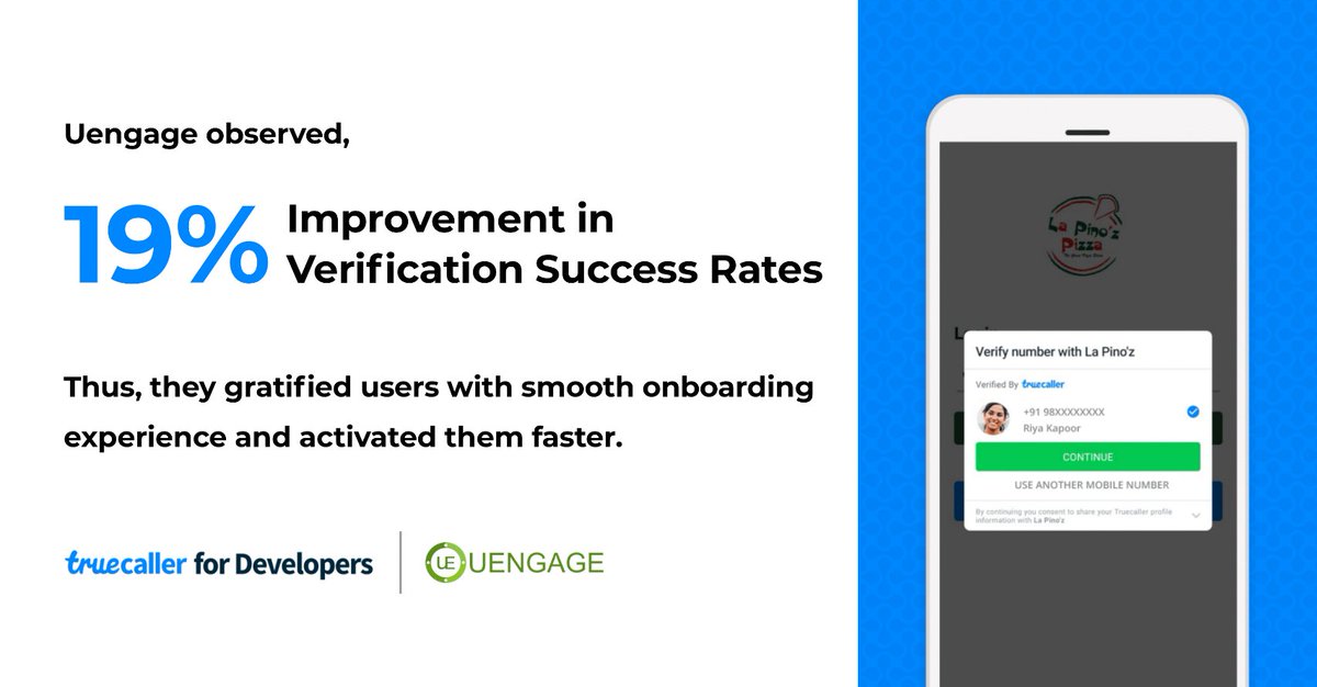 TruecallerDevs's tweet photo. Uengage uses @Truecaller as the primary mode of user identity across their 100+ unique customer mobile sites & apps. We are delighted to be working with them to solve user onboarding hassles! #TruecallerSDK https://t.co/CHJMRXDx2k
