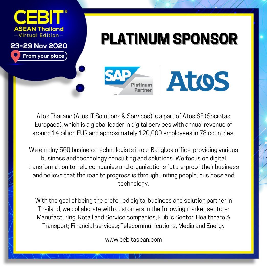digitechaseanth's tweet image. PLATINUM SPONSOR
Meet with Atos IT Solutions and Services (Thailand) @ CEBIT ASEAN Thailand Virtual Edition - Virtual Edition is ASEAN’s virtual trade exhibition & conference on technology and digital solutions 
Register Now @
virtual.varpevent.com/cebit-asean-th…
#SAP #SAPSolution