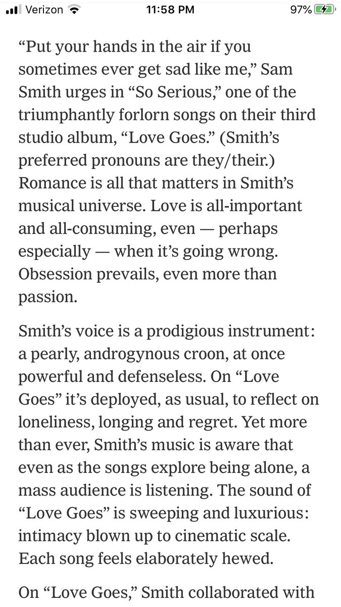 rmcl95's tweet photo. @JonPareles Unfortunately your most recent piece on @samsmith recognizes they use "they/them" pronouns but proceeds to use "his" in reference to Smith. Please correct. https://t.co/RbtzDUj7aF