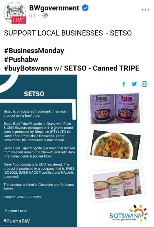 SentoMarcia's tweet photo. We will be at Palapye Square for instore all day promotion on Friday, 30 October 2020. Please do drop by to taste, meet & greet. Looking forward to seeing you.
#SetsoBeefTripe #Mogodu #PushaBW #BuyBotswana #SupportLocal #ThursdayMotivation #Entrepreneurship https://t.co/S9mk6dBHjA
