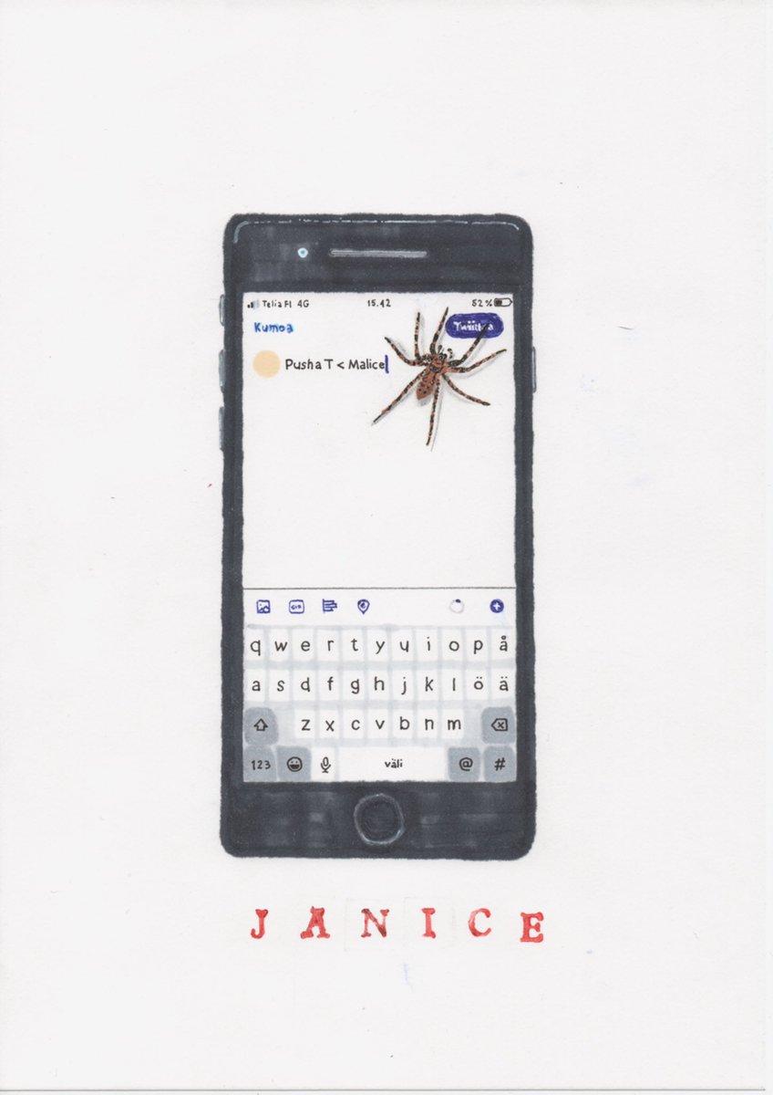 EevilStoo's tweet photo. ”Sit mun lemmikki hämis, vitun rasittava Janice/
Se trollaa verkos et Pusha T on paskempi ku Malice” 🕷🕸

Eevil Stöö - No Malice ulkona 00:00!! https://t.co/4KcBBdfdYZ