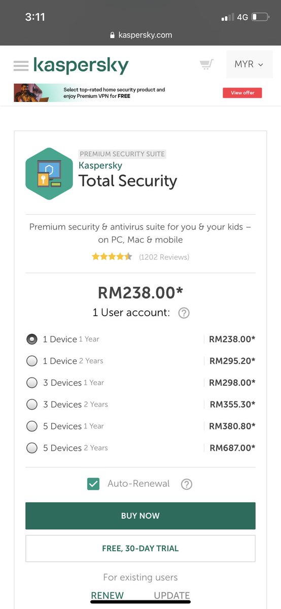 Ni paling aku suggest kaspersky ! Dia ada 4 jenis tapi ni je berbaloi ni original direct website dia sahaja. Untuk internet as korang faham pengunaan masa internet jelah, tapi total security ni overall, lagi2 data, hack dashcam, virus cam biasa and payment paling penting