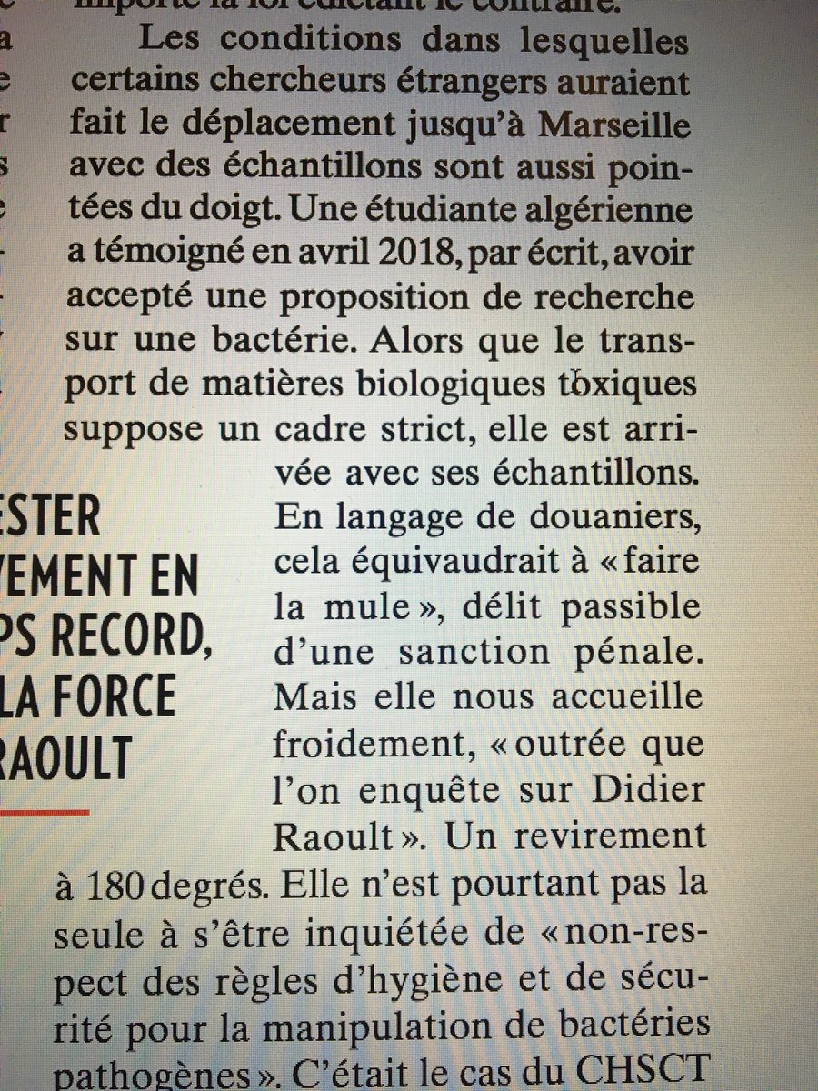 A l’IHU, il n’est pas rare de transporter soi-même, sans protection aucune ses propres échantillons bactériologiques. Autrement dit, certains font « la mule ».Toujours ce jeudi dans  @ParisMatch :