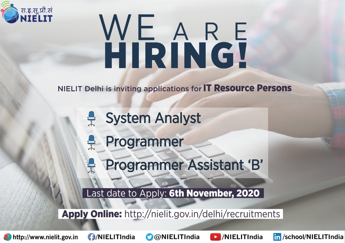 NIELITIndia's tweet image. #NIELIT Delhi invites applications for the posts of #SystemAnalyst , #Programmer , Programmer Assistant ‘B’ on contract basis. Last date to apply online is 06th November, 2020. To apply visit: nielit.gov.in/delhi/recruitm…
#Jobs #Recruitment #ITJobs