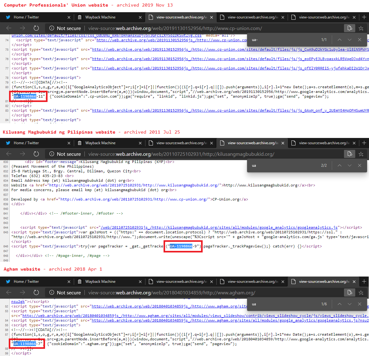 n4qpu's tweet photo. OH LOKO! COMPUTER PROFESSIONALS' UNION, KILUSANG MAGBUBUKID NG PILIPINAS AT AGHAM, SHARING THE SAME GOOGLE ANALYTICS ID! 🤡🤡😂

CPU - https://t.co/CuVoEgrrqe
KMP - https://t.co/pyOClQqs7L
AGHAM - https://t.co/Up63ldDUID

#NPATerorista #NPASalot #NPASurrender https://t.co/SN78AX10o6