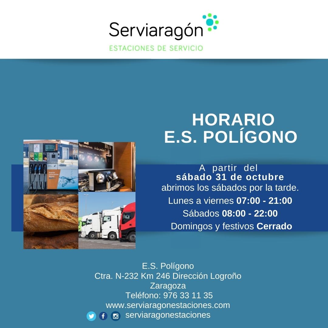 ¡Abrimos los sábados hasta las 10 pm!
Para ofrecerte un mejor servicio ampliamos el horario de apertura de tu estación de servicio Polígono.
Lunes a viernes: 7am a 9pm
Sábados: 8am a 10pm
Domingos y festivos: Cerrado
E.S. Polígono
Ctra. N-232 km 246 Dirección Logroño Zaragoza