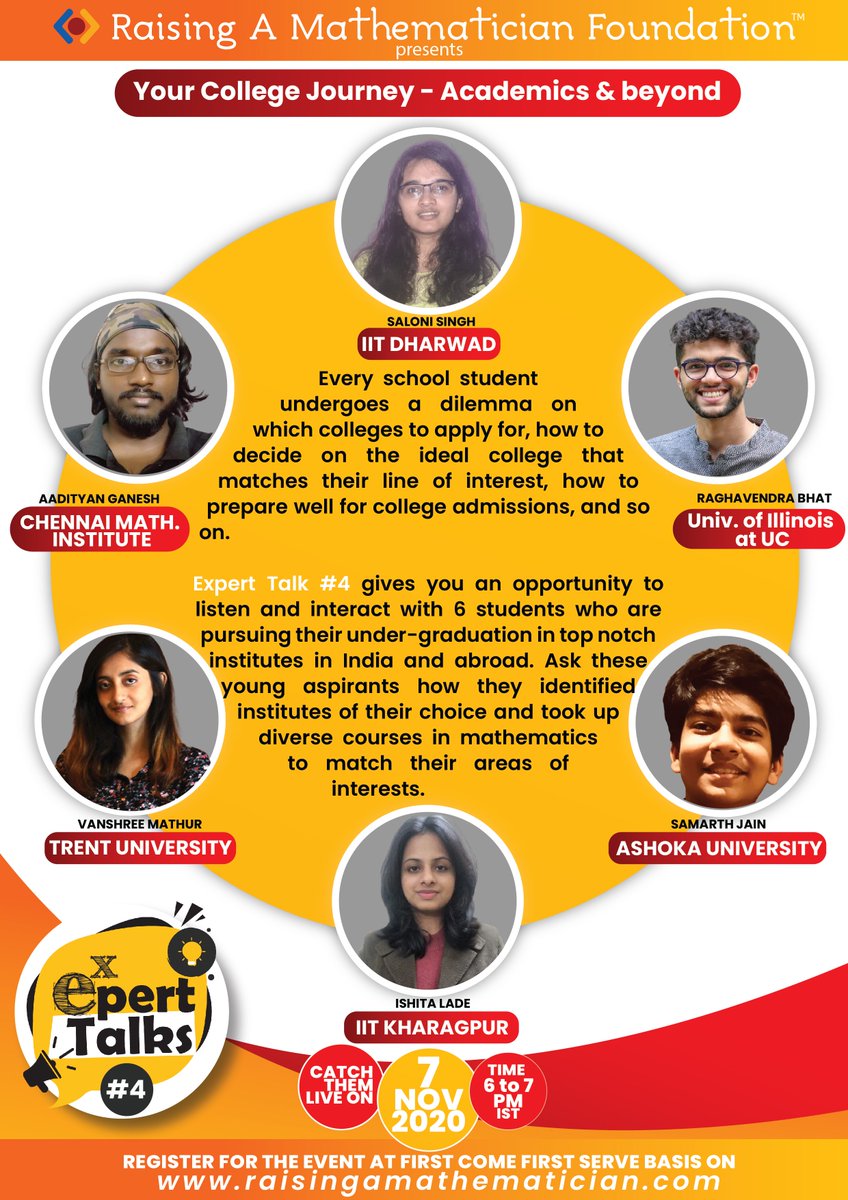 raisingamath's tweet image. Hear to a panel of 6 bright minds from premier institutes from India and abroad discuss their college journey, academics and beyond in this session of Expert Talks!  
#ExpertTalks
#Epowerx 
#RaisingAMathematician 
#RAMFounation
@IMScChennai
@tifrarnab
@TIFRScience
@HBCSE_TIFR