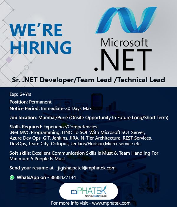 mPHATEK_Sys's tweet image. We are Hiring .NetTechLead/TeamLead/Senior .Net/.Net MVC Developer on urgent basis.

Exp: 6+ yrs
Team Handling exp is must (Min 5 people)
Appy at-Jigisha.patel@mphatek.com/8888427144

#sqlserver #Dotnetmvc #azuredevops #mvc #LINQ #devops #Teamcity #jenkins #hudson #recruiting