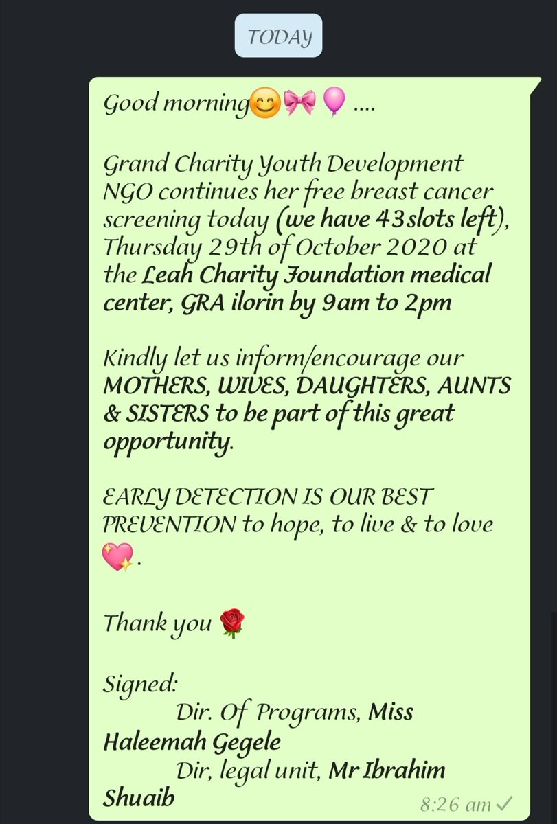 HaleemahGegele's tweet photo. @CharityGrand has 43 slots left for women to undergo free breast screening. Kindly go to Leah charity Foundation in #ilorin to get your free slot today.

EARLY DETECTION IS OUR BEST PREVENTION.

#healthcare #women #Nigeria
#MedicalOutreach.. Thank you. https://t.co/0S0kZyLh6T