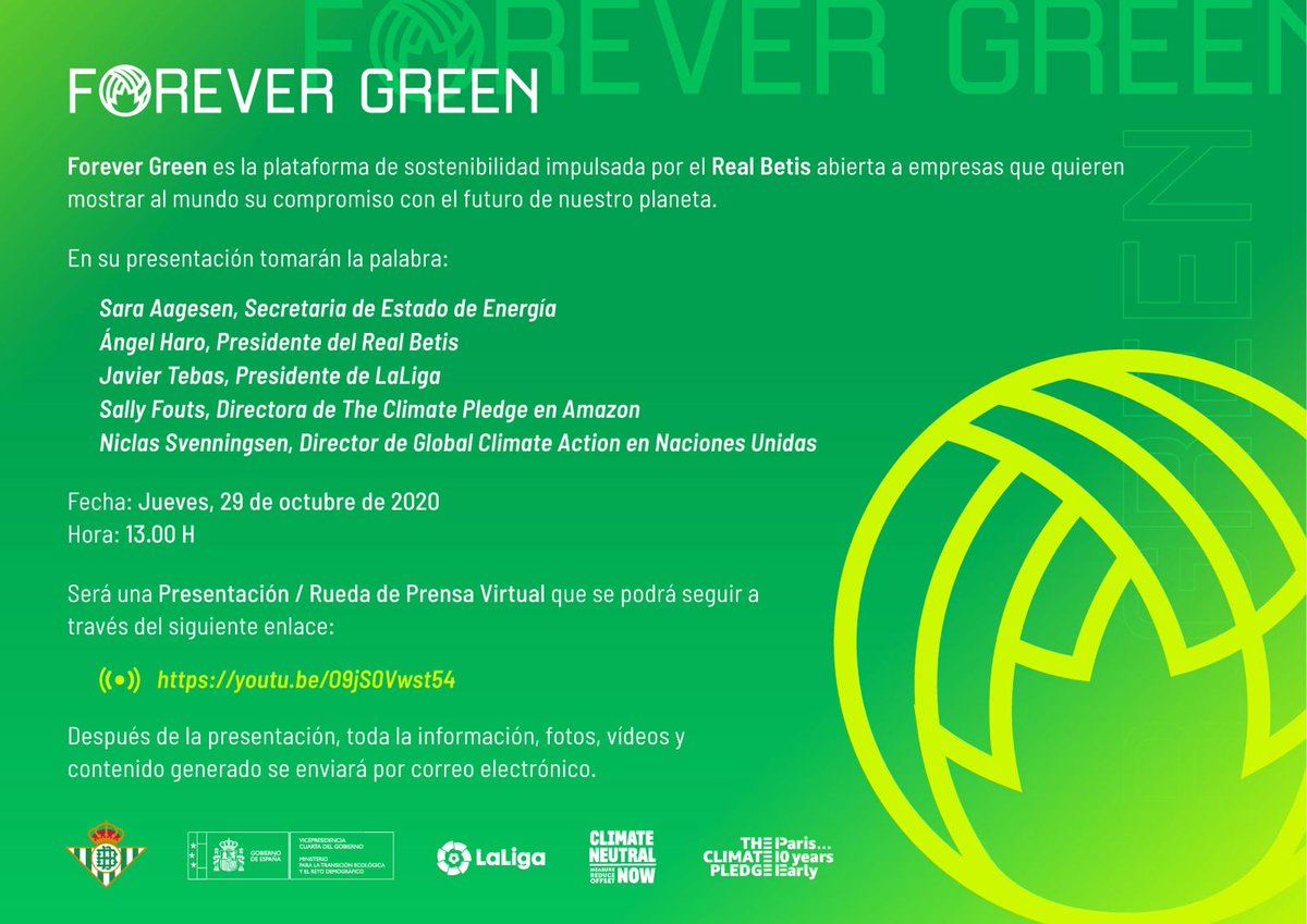 Sin planeta no hay fútbol.
No planet, no football.
All together against climate change.
Forever Green is the sustainable platform driven by Real Betis Balompié for companies that would like to show the world their commitment to the future of our planet.
#forevergreen