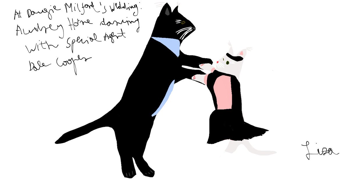  #CatsOfTwinPeaks #10 I swore I'd draw each character in the thread 1x cause I'm gonna draw them all &  #TwinPeaks has many characters. Then my friend requested a pic of Coop & Audrey dancing. How could I decline?Agent Cooper (Kyle MacLachlan) & Audrey (Sherilyn Fenn) as cats.