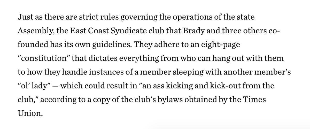 TFW you're a powerful legislative director in Albany moonlighting as the leader of a notorious motorcycle gang and one of your members asks about the penalty for sleeping with another member's 'ol' lady' timesunion.com/news/article/A…