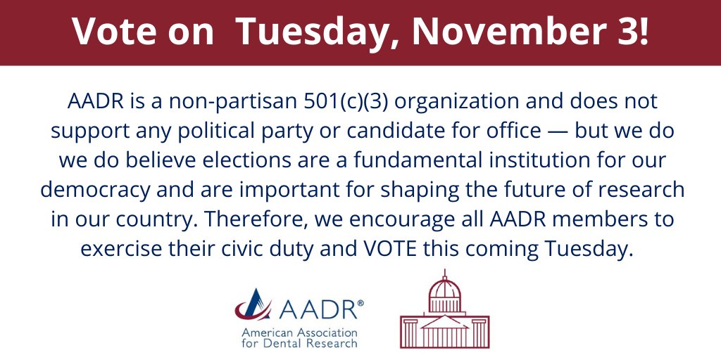 AADOCR's tweet photo. #AADR encourages members to #VOTE in #Election2020 on Tuesday, Nov 3!

Voting resources: 
* @ResearchAmerica #VoteScienceStrong
* https://t.co/17kvo5BnkT
* @WhenWeAllVote
* @CDCgov Safety Guidance https://t.co/RcHNknqqhl
* Preventing #COVID While Voting https://t.co/TP0ObUwQDn https://t.co/Grby0fLsgP