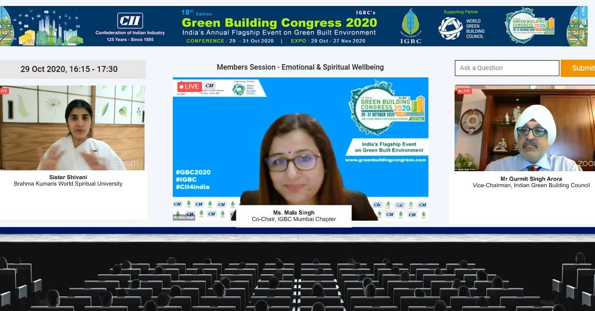 PECGreeningIND's tweet photo. A thought- provoking session on "Emotional & spiritual Health & wellbeing " by Sister Shivani today during International Green Building Congress 2020.
#pecgreeingindia #sistershivani #MalaSingh #greenbuildingcongress2020 #Brahmakumaris https://t.co/IhitgtVHiF
