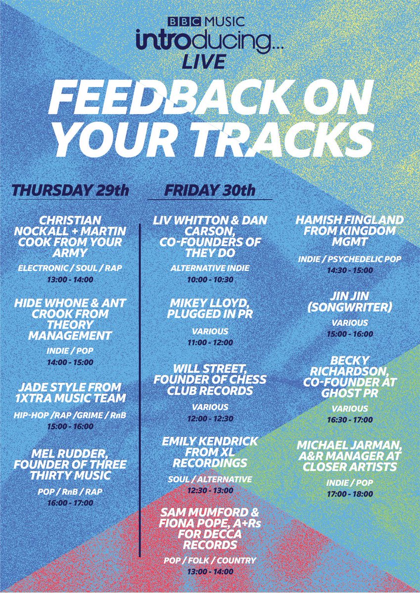 Introducing LIVE (@introducing20) on Twitter photo Today and tomorrow: <a href="/bbcintroducing/">BBC Music Introducing</a> are hosting feedback sessions!
Just head over there at the various time slots to get involved πͺ #IntroducingLive Today and tomorrow: <a href="/bbcintroducing/">BBC Music Introducing</a> are hosting feedback sessions!
Just head over there at the various time slots to get involved πͺ #IntroducingLive