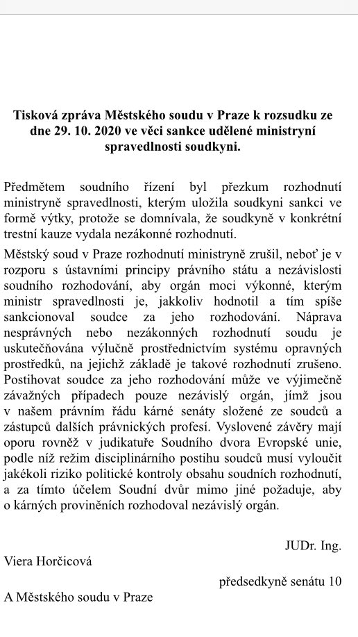 MluvciV's tweet photo. Ministryně spravedlnosti postupovala nezákonně, když uložila výtku soudkyni za rozhodování v kauze Postoloprty. Tak dnes rozhodl správní senát Městského soudu v Praze a rozhodnutí o výtce zrušil. K přezkumu rozhodnutí soudu slouží opravné prostředky, nikoliv orgán výkonné moci. https://t.co/WjslOVl3lq
