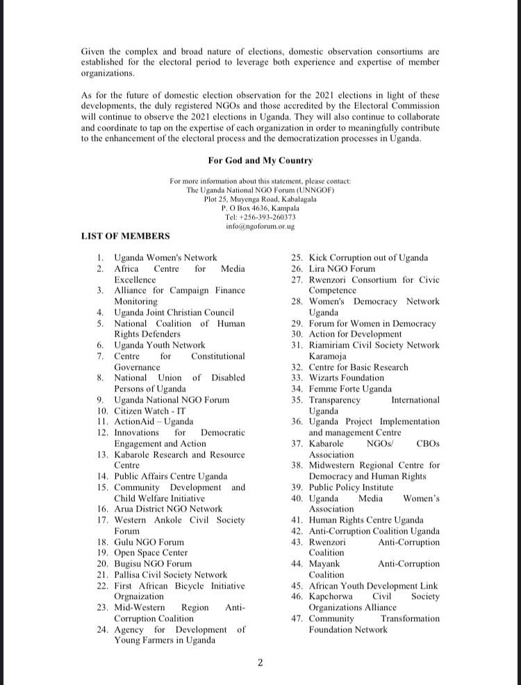 Official CSO Leaders Statement on Domestic Election Observation of the 2021 General Elections in Uganda. #shrinkingcivicspace #Electoralintergrity <a href="/NGObureau/">National Bureau for NGOs</a> <a href="/ngoforum/">The NGO Forum</a> <a href="/ccgea1/">Center for Constitutional Governance (CCG)</a> <a href="/SarahBireete/">Dr. Bireete Sarah</a> <a href="/the_newu/">National Election Watch - Uganda</a> <a href="/uwonet/">Uganda Women's Network</a> <a href="/cewitug/">CEW-IT Uganda (CEW-IT)</a>