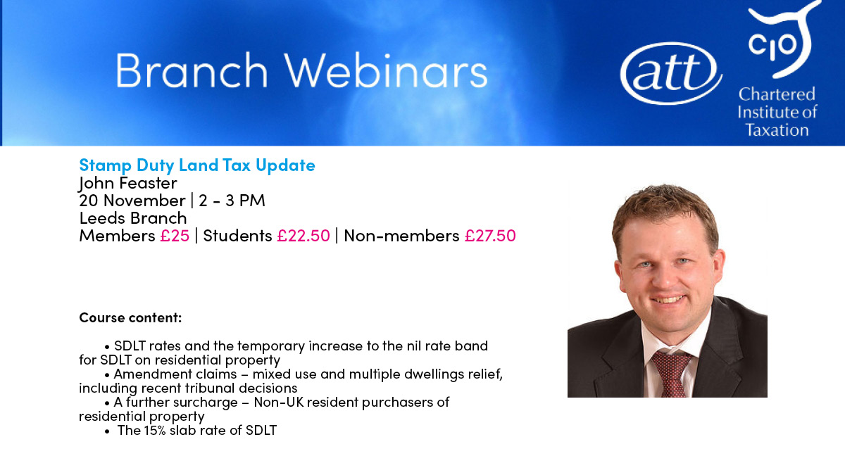 ourATT's tweet photo. John Feaster joins our @LeedsTax  Branch on 20 November to present a Stamp Duty Land Tax Update. Join from 2 PM.

Book your place here: https://t.co/COMYUqgLNY

#SDLT https://t.co/utw8MS9C0j