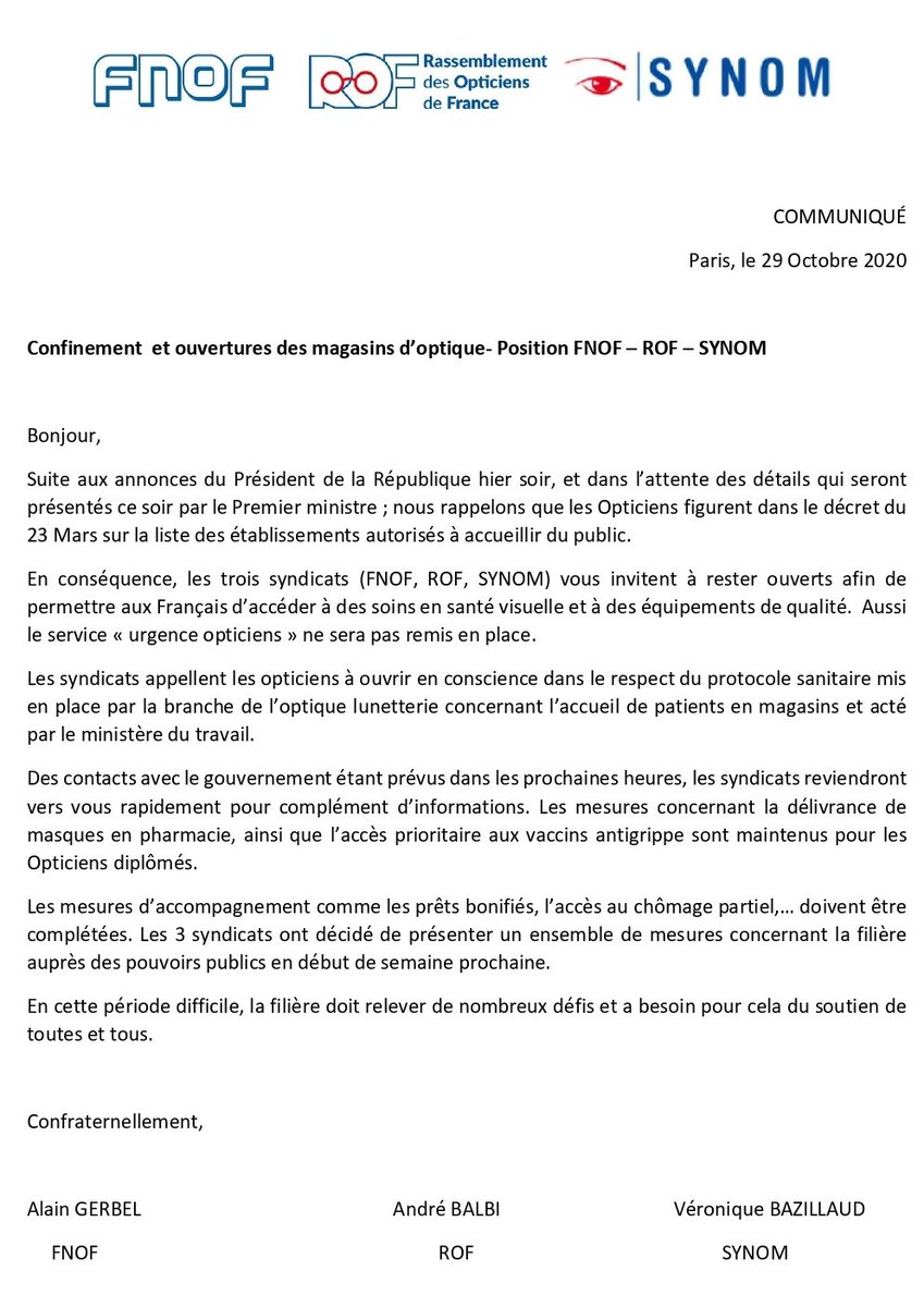 opticien_indep's tweet image. Le résumé du communiqué commun du ROF, de la SNOF et du SYNOM ⤵️

➡️ Les opticiens restent autorisés à ouvrir 

➡️ Le service urgence Opticiens ne sera pas réactivé 

➡️Le guide sanitaire pour l'optique-Lunetterie &amp;amp; les gestes barrières restent indispensables 

#opticiens