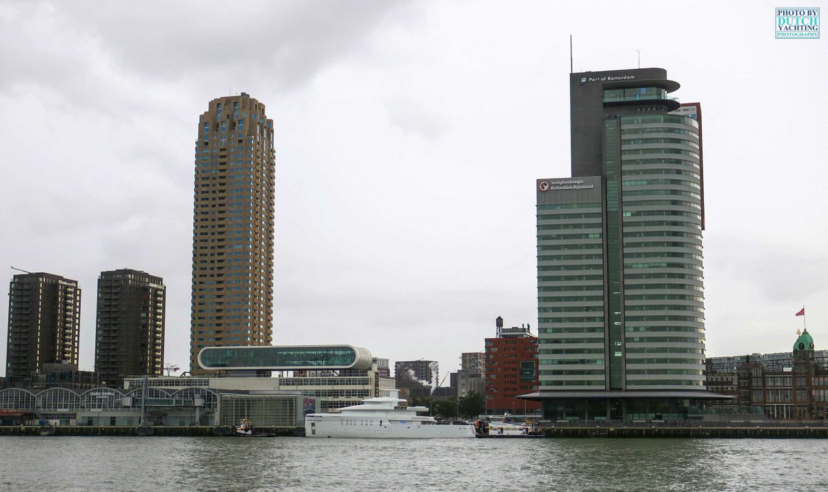Dutchyachting's tweet photo. #Project708 left #Rotterdam this morning. The 55m/ 180’5” hull, assisted by the #tugboats #PietervanderWees and #Broedertrouw14 of #KoninklijkeVanderWeesGroep is expected to arrive at #Feadship’s shipyard in #Aalsmeer tomorrow afternoon. Photos by @DutchYachting. https://t.co/BcBLnuYHCT