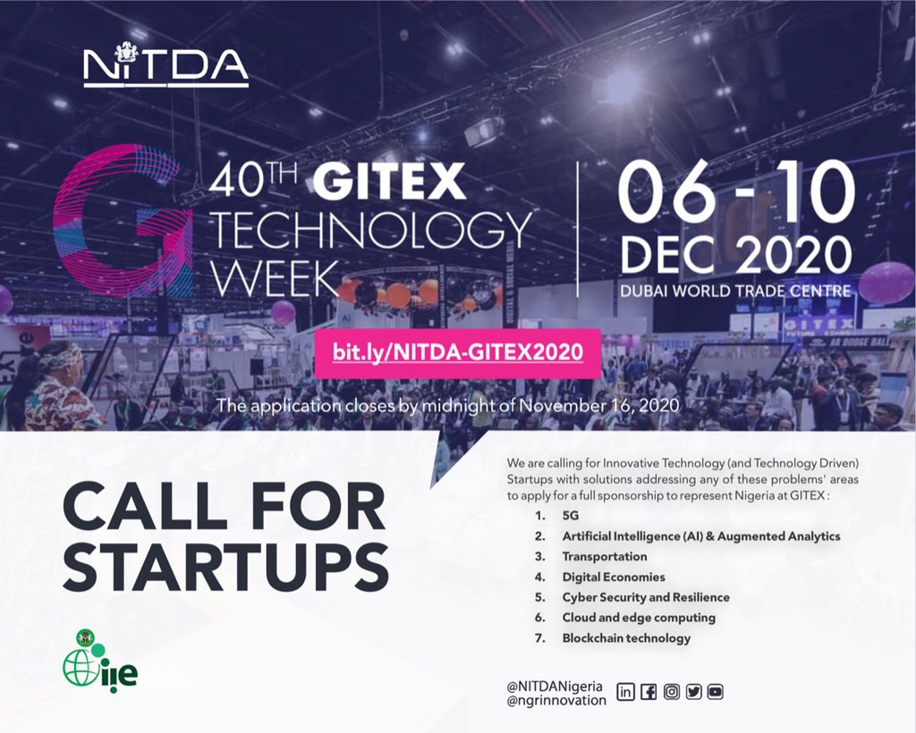 FMCIDENigeria's tweet photo. Call for Startups

#DigitalNigeria 
#GITEX2020 https://t.co/DXOh0kKlyk
