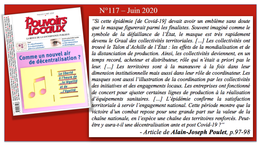 PouvoirsLocaux's tweet photo. ✒️#Extraitdelecture #PouvoirsLocaux n°117 – 2020. Article de Alain-Joseph Poulet „Le « déconfinement » de la décentralisation grâce à la subsidiarité !"
#rétrospective #Subsidiarité #Décentralisation #Santé
📚→ La collection sur -> : https://t.co/iAITHxjamc
@Territoire_Gouv https://t.co/2ge8pnvW0g