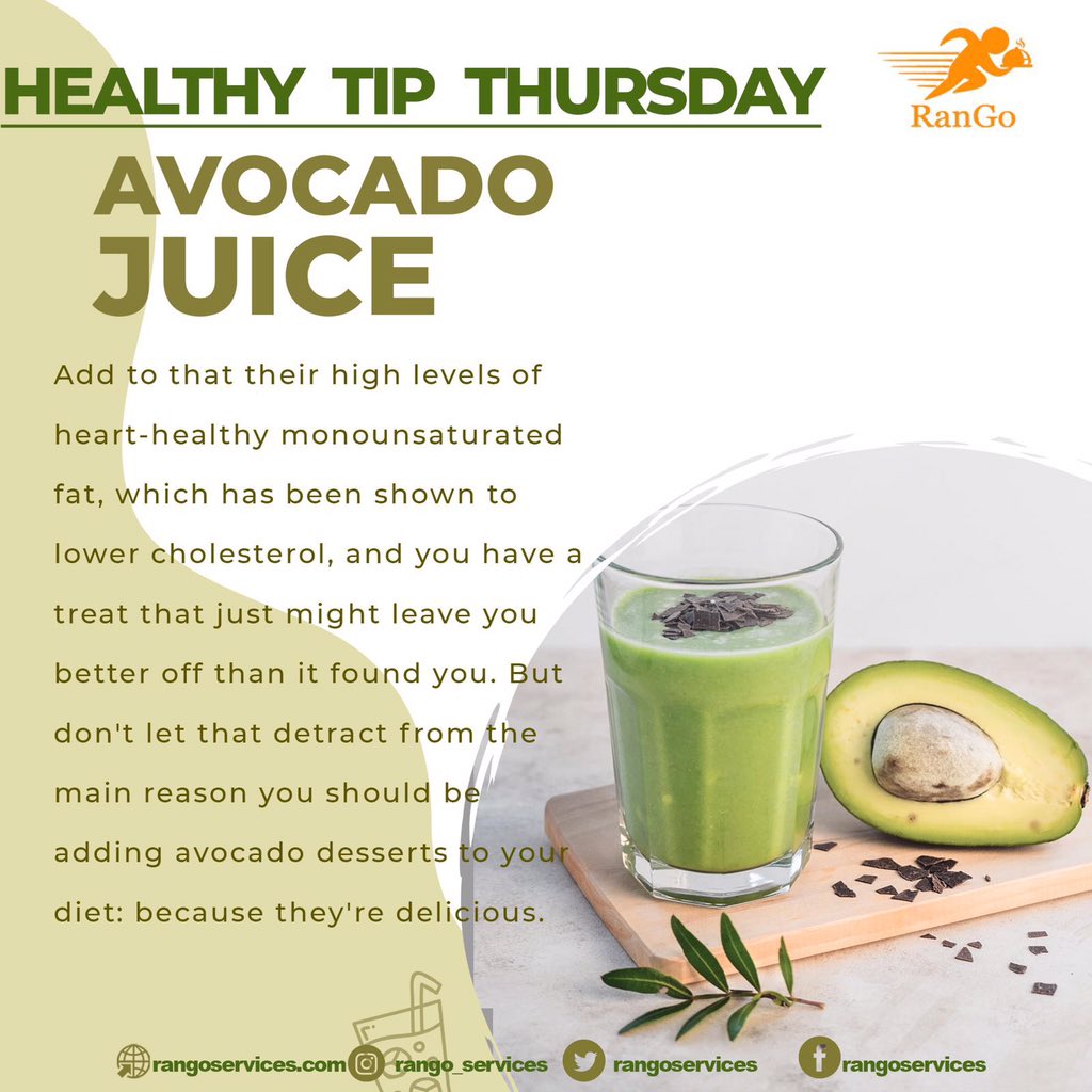 RangoServices's tweet photo. Avocado is healthy and has many benefits. You can snack on it or have it as dessert.
Rango is here to serve you healthy avocado smoothie at your convenience. Look forward to ordering your smoothie from your favorite restaurant using the rango app soon https://t.co/U4P7PtSYdD