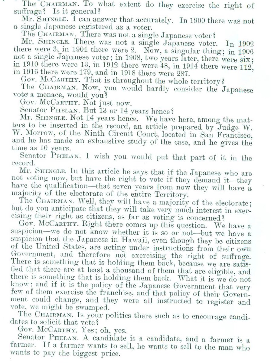 Been thinking about history of  #AsianAm voters. Early on, white supremacist fears of Oriental voting bloc (sometimes cast as foreign interference) justified Asian exclusion measures. Like this exchange from US Senate hearings on "Japanese in Hawaii", 1920)