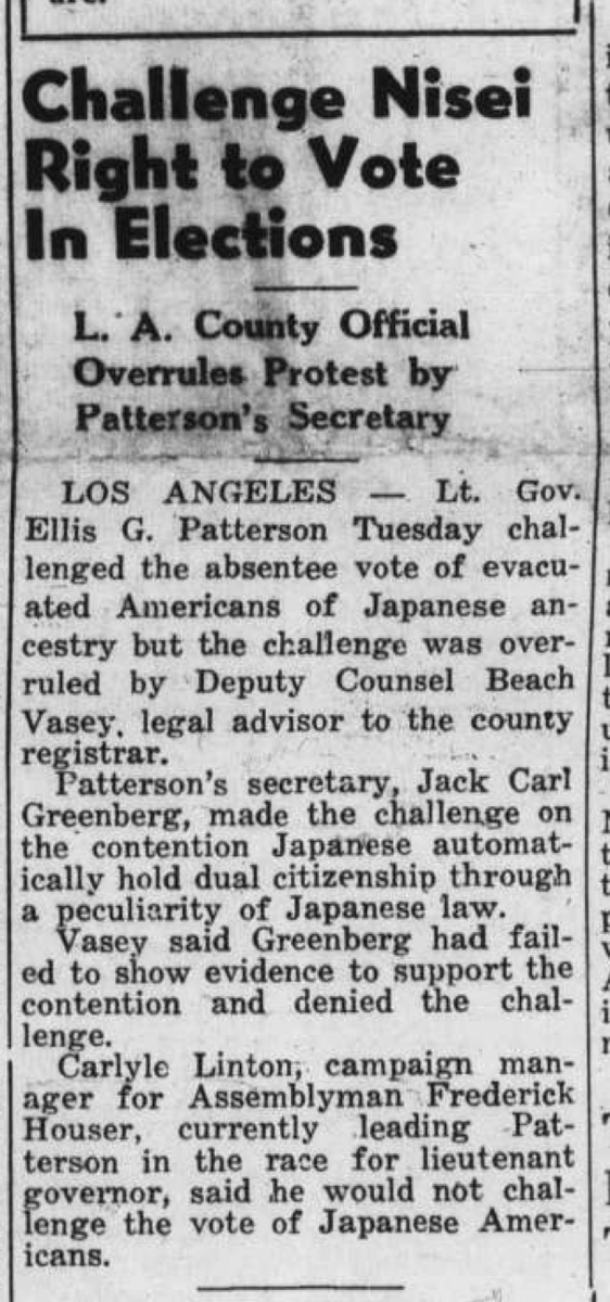  #VoterSuppression took notable forms -- some might say tailor-made -- in  #AsianAmerican history. For instance, California's political leaders challenged the rights of Japanese Americans to vote absentee *FROM THE CONCENTRATION CAMPS* (from PACIFIC CITIZEN, Nov 12, 1942)