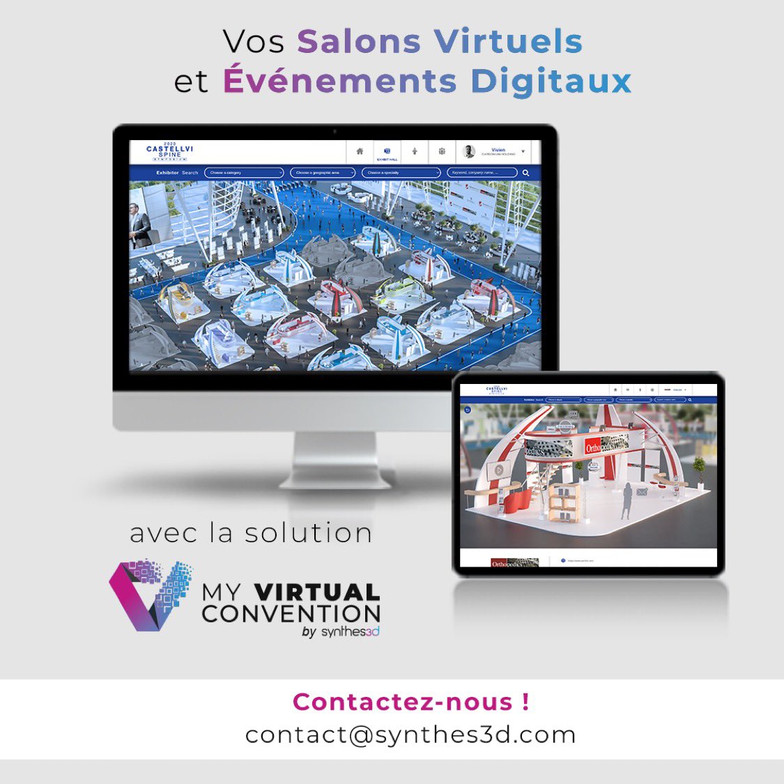 SYNTHES3D's tweet photo. SYNTHES'3D rend possible votre #salonvirtuel, vous accompagne durant tout le processus de création et propose à vos visiteurs une expérience inédite.
► Tentez l’expérience des congrès digitaux avec SYNTHES’3D !
#3D #stand3D #standvirtuel #virtualevent #Covid19 #online https://t.co/7LBy9jDcIE