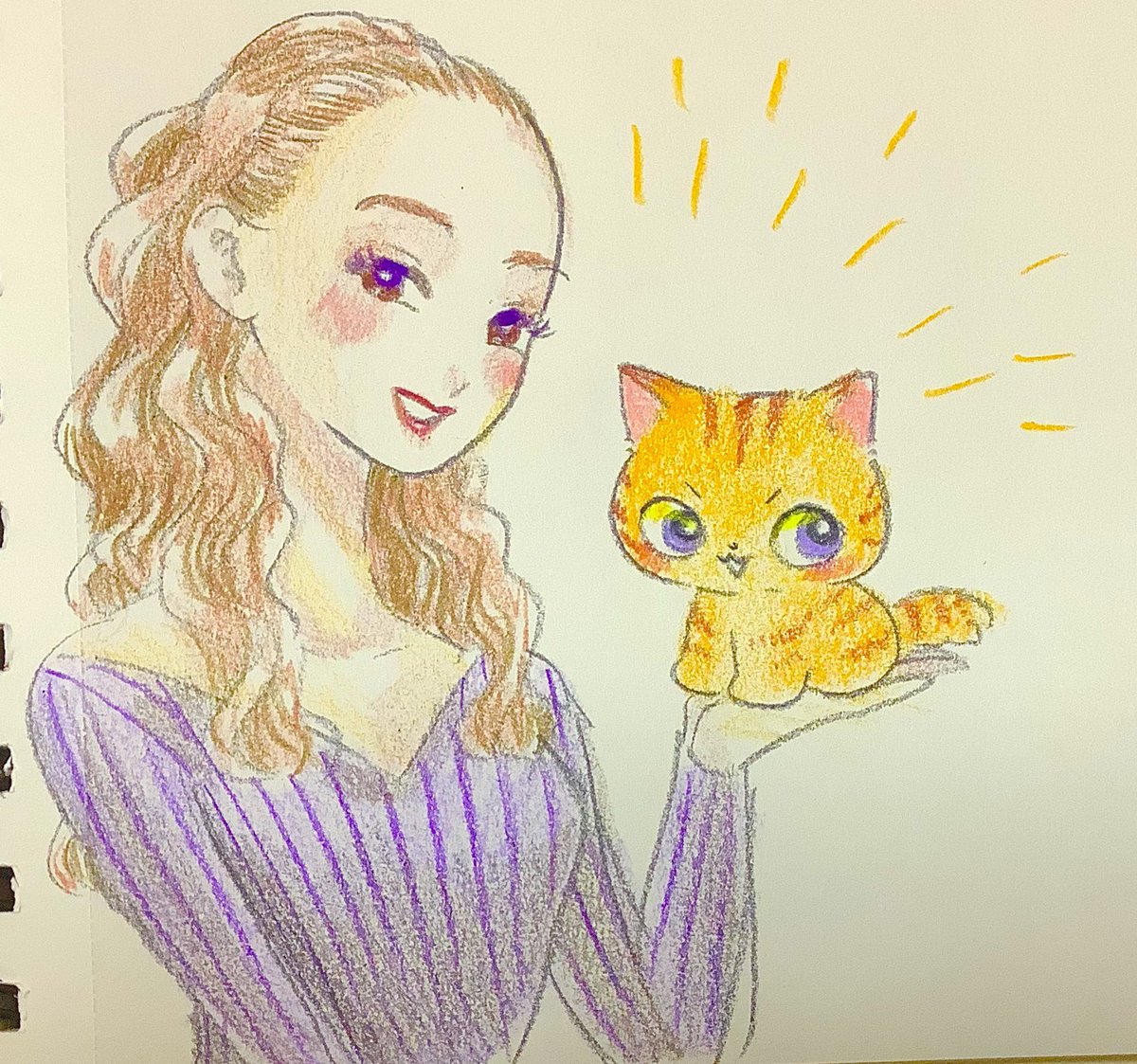 1girl traditional media smile holding cat purple shirt brown hair  illustration images